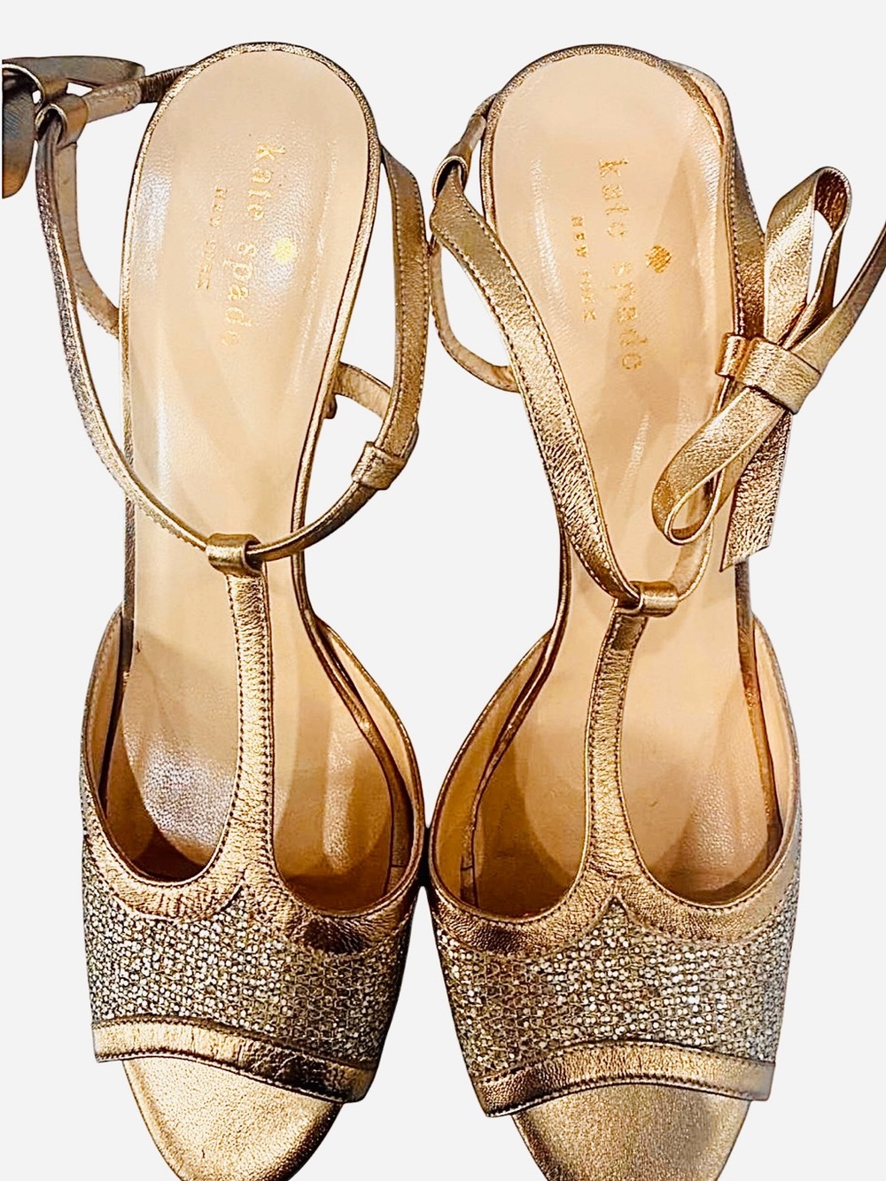 Kate Spade Metallic Gold T-Strap Crystal Peep-Toe Heels Size 9